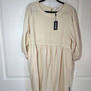 AIMAGE Beige Fit & Flare Midi Dress Button Pleated Pockets 3/4 Balloon Sleeve L